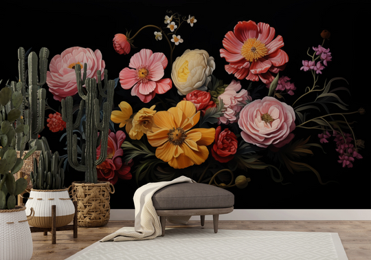 Wzór fototapety artystycznej o nazwie Floral Renaissance pokazanej w aranżacji wnętrza.