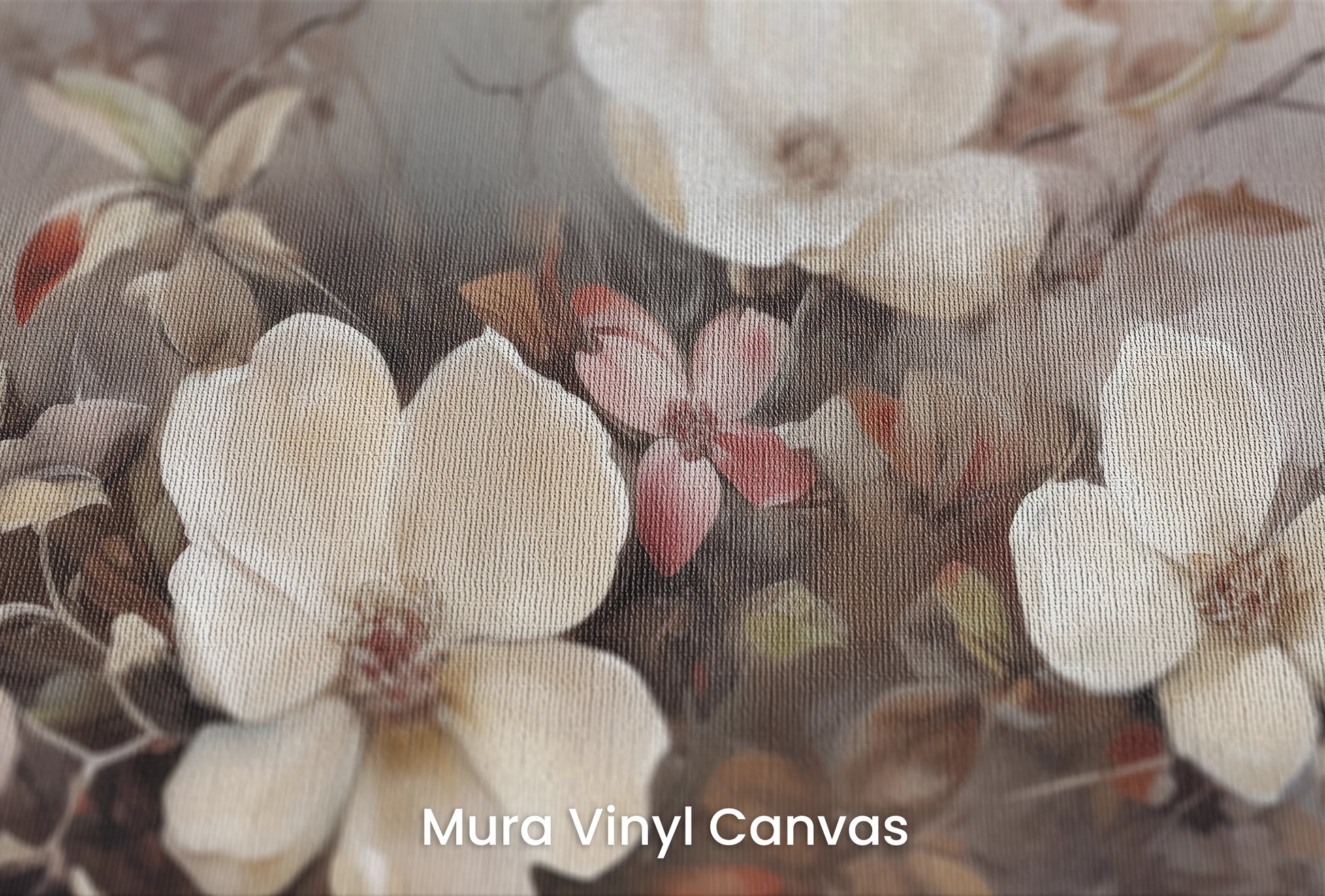Zbliżenie na artystyczną fototapetę o nazwie Whispering Cherry na podłożu Mura Vinyl Canvas - faktura naturalnego płótna.