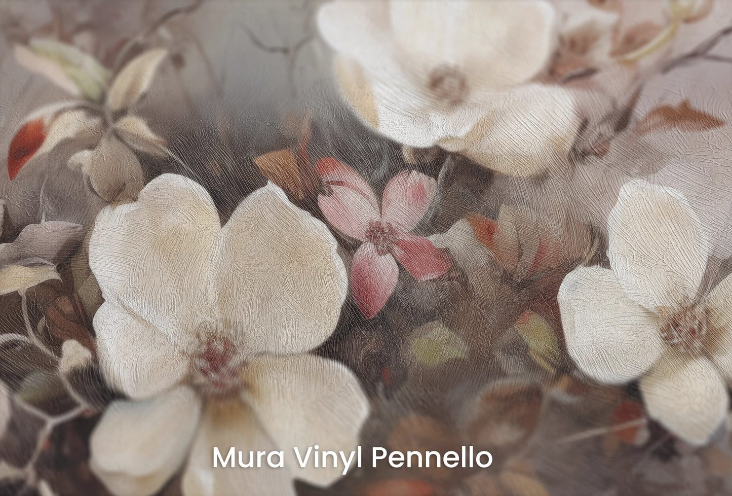 Zbliżenie na artystyczną fototapetę o nazwie Whispering Cherry na podłożu Mura Vinyl Pennello - faktura pociągnięć pędzla malarskiego.