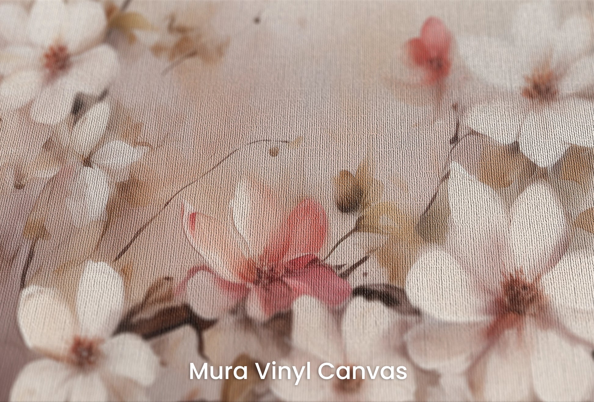 Zbliżenie na artystyczną fototapetę o nazwie Misty Blossom na podłożu Mura Vinyl Canvas - faktura naturalnego płótna.