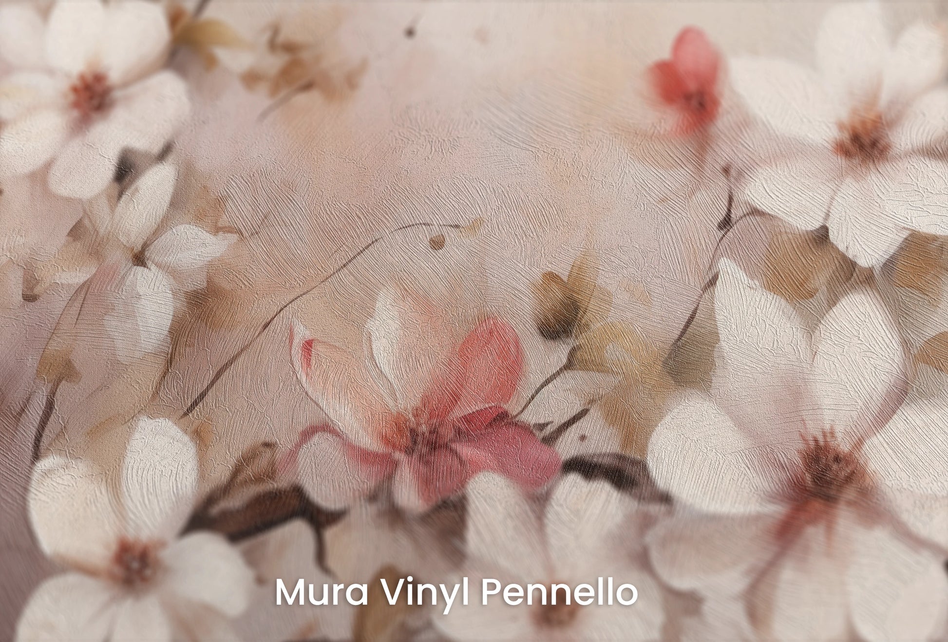 Zbliżenie na artystyczną fototapetę o nazwie Misty Blossom na podłożu Mura Vinyl Pennello - faktura pociągnięć pędzla malarskiego.