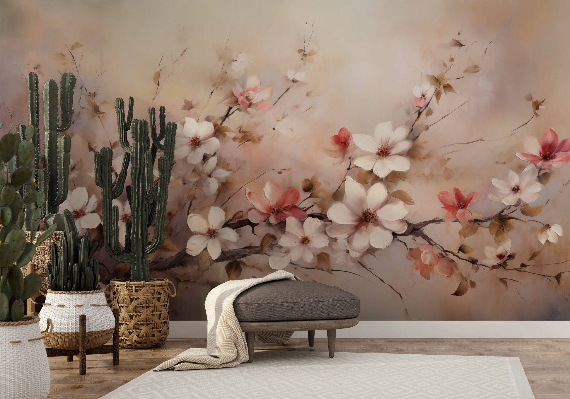Wzór fototapety o nazwie Misty Blossom pokazanej w kontekście pomieszczenia.