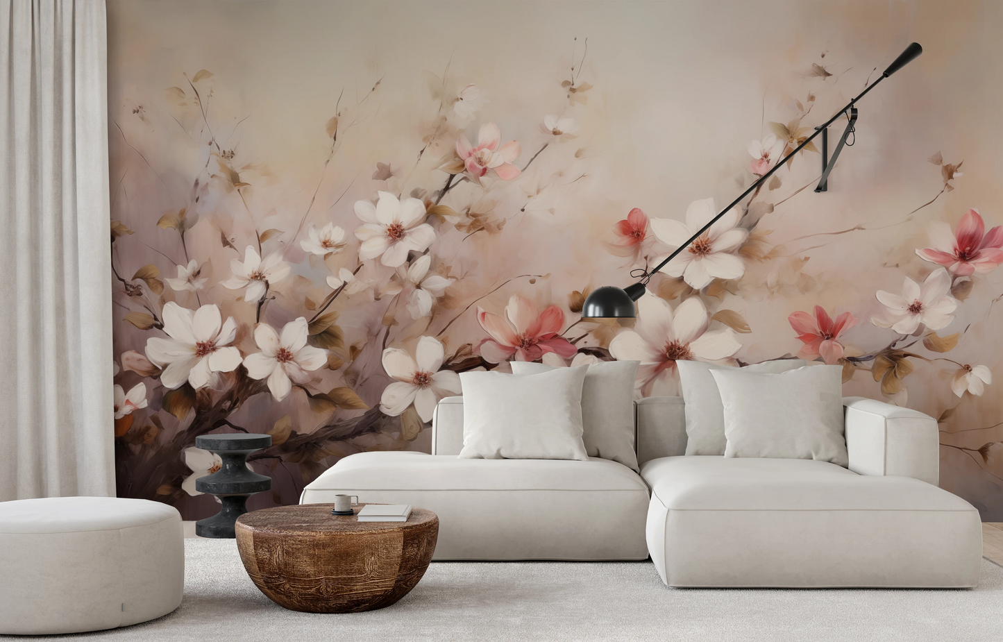 Wzór fototapety malowanej o nazwie Misty Blossom pokazanej w aranżacji wnętrza.