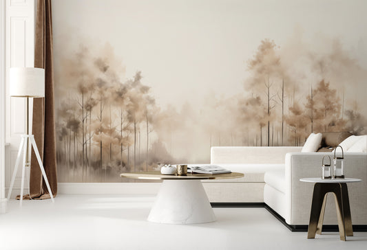 Wzór fototapety artystycznej o nazwie FOG-ENVELOPED FOREST PATH MURAL pokazanej w aranżacji wnętrza.