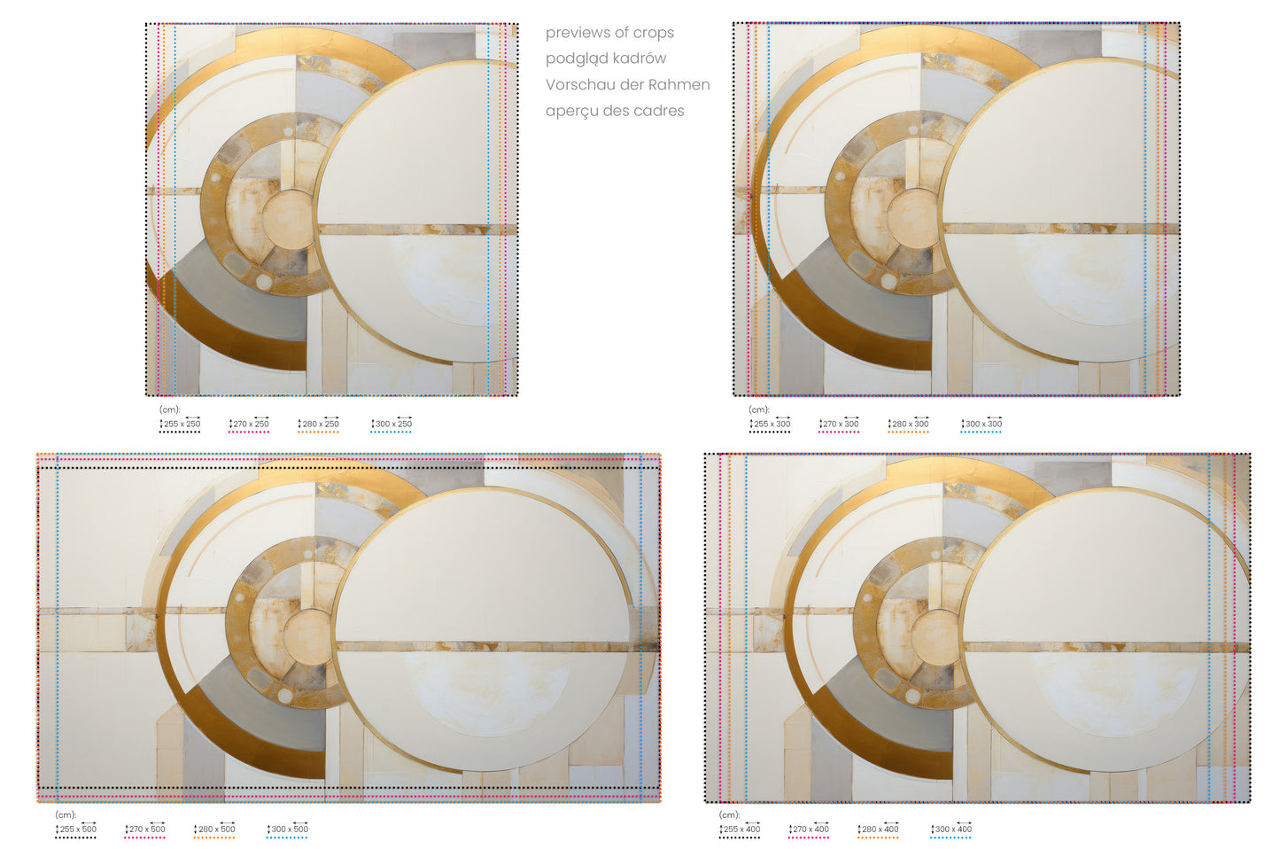 Na obrazie znajduje się prezentacja przykładowych rozmiarów fototapety o nazwie SUNRISE GEOMETRY. Rozmiar fototapety jest dowolny.