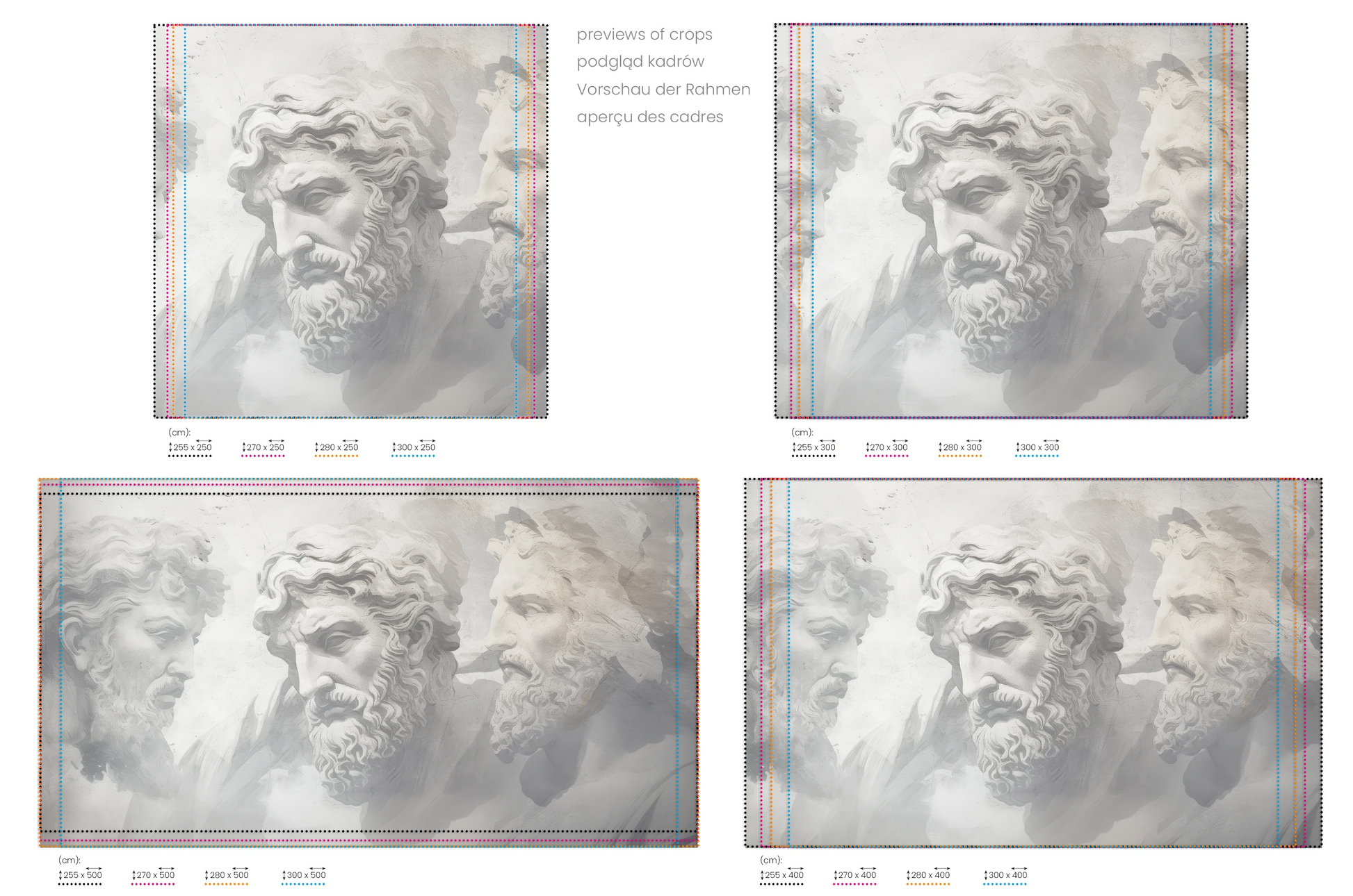 Na obrazie znajduje się prezentacja przykładowych rozmiarów fototapety o nazwie Stoic Trio. Rozmiar fototapety jest dowolny.