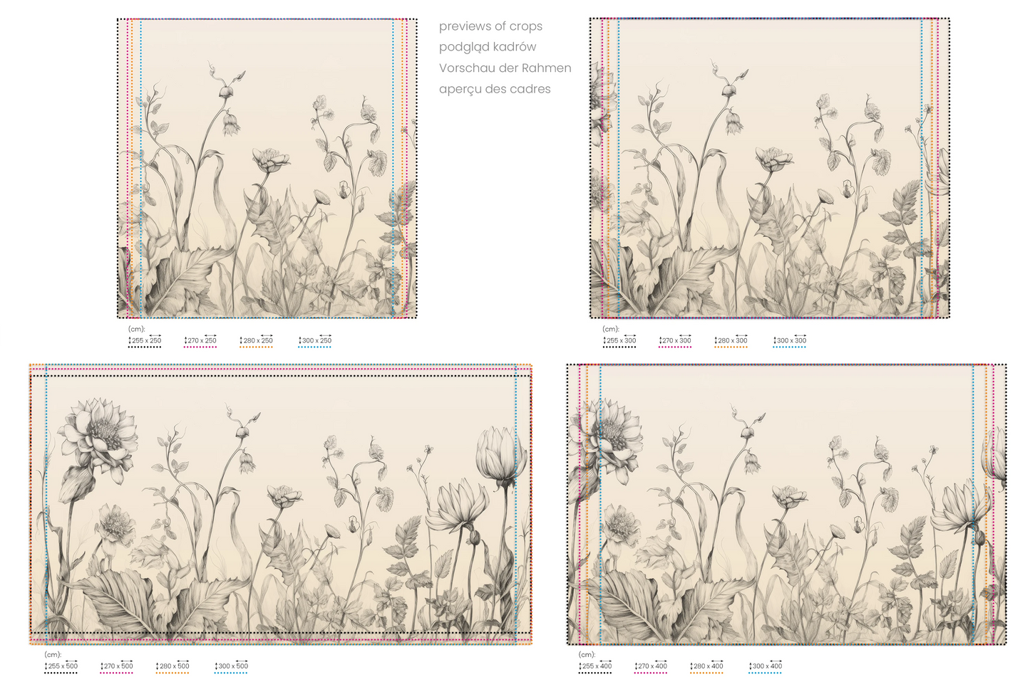 Na obrazie znajduje się prezentacja przykładowych rozmiarów fototapety o nazwie Floral Harmony #2. Rozmiar fototapety jest dowolny.