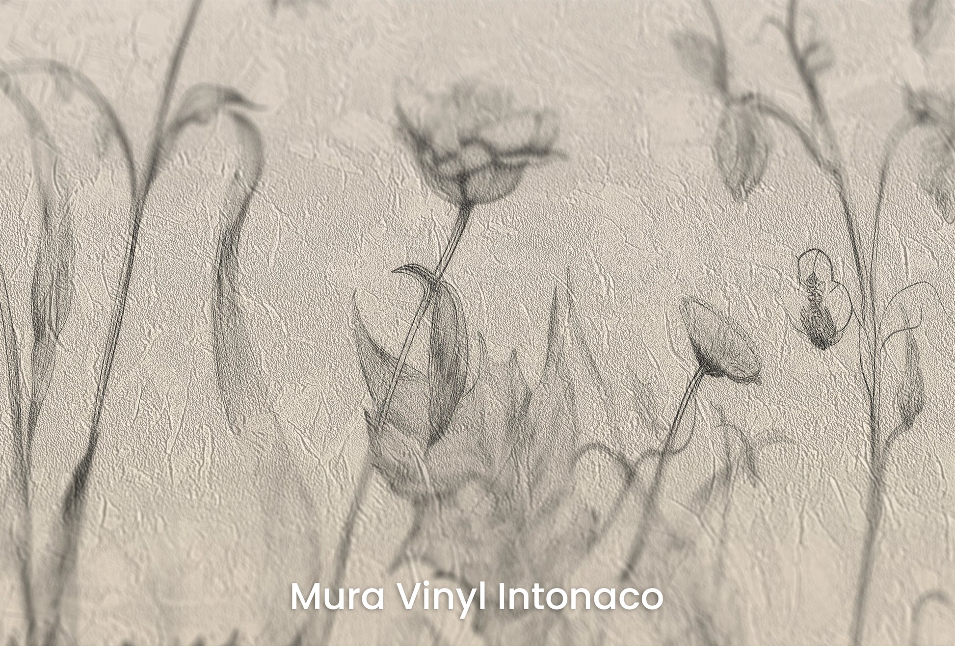Zbliżenie na artystyczną fototapetę o nazwie Floral Harmony #2 na podłożu Mura Vinyl Intonaco - struktura tartego tynku.