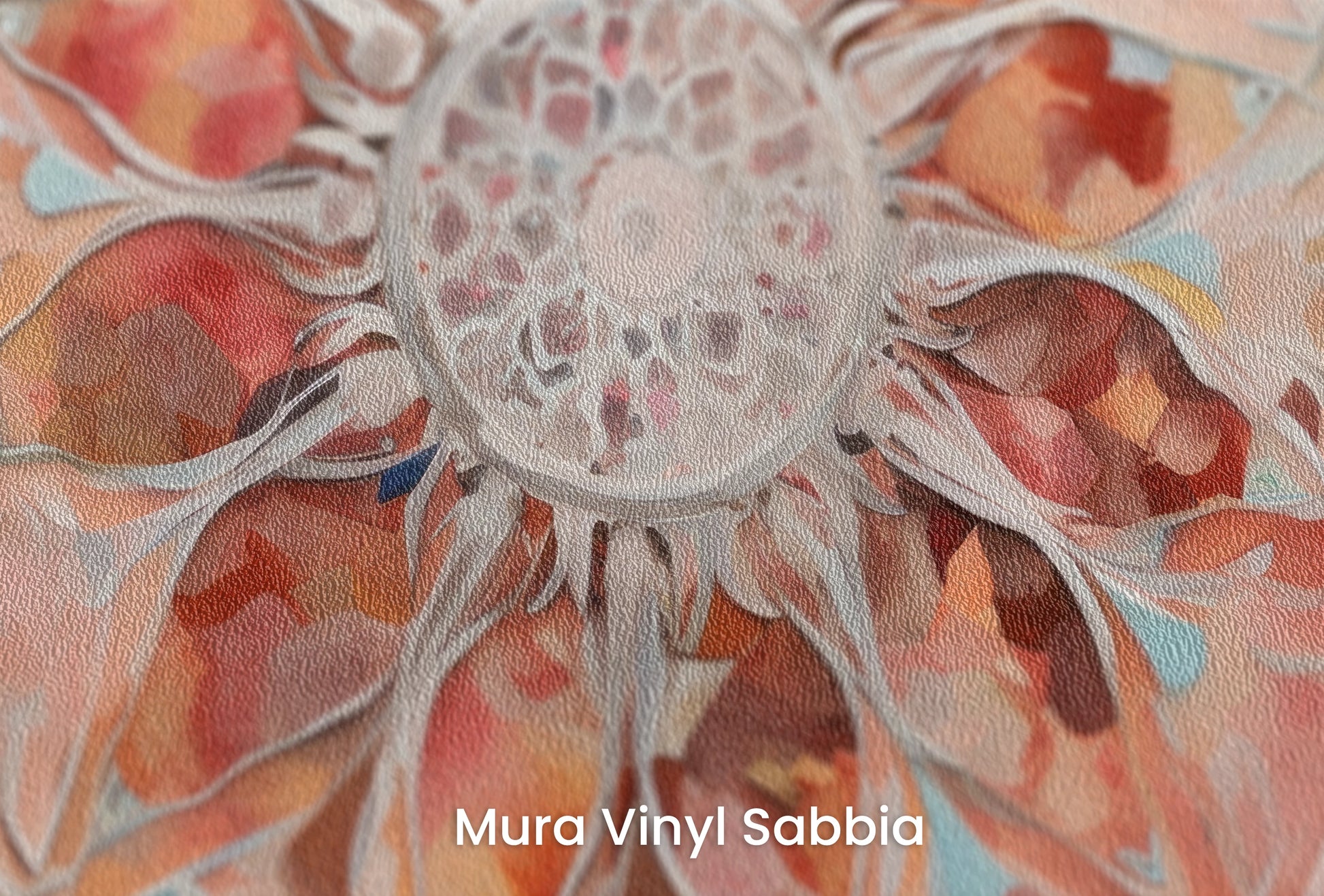 Zbliżenie na artystyczną fototapetę o nazwie Crystal Mandala na podłożu Mura Vinyl Sabbia struktura grubego ziarna piasku.