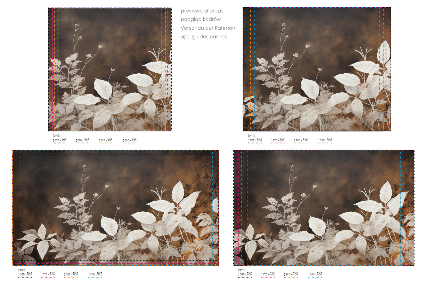 Na obrazie znajduje się prezentacja przykładowych rozmiarów fototapety o nazwie Whispering Leaves #4. Rozmiar fototapety jest dowolny.