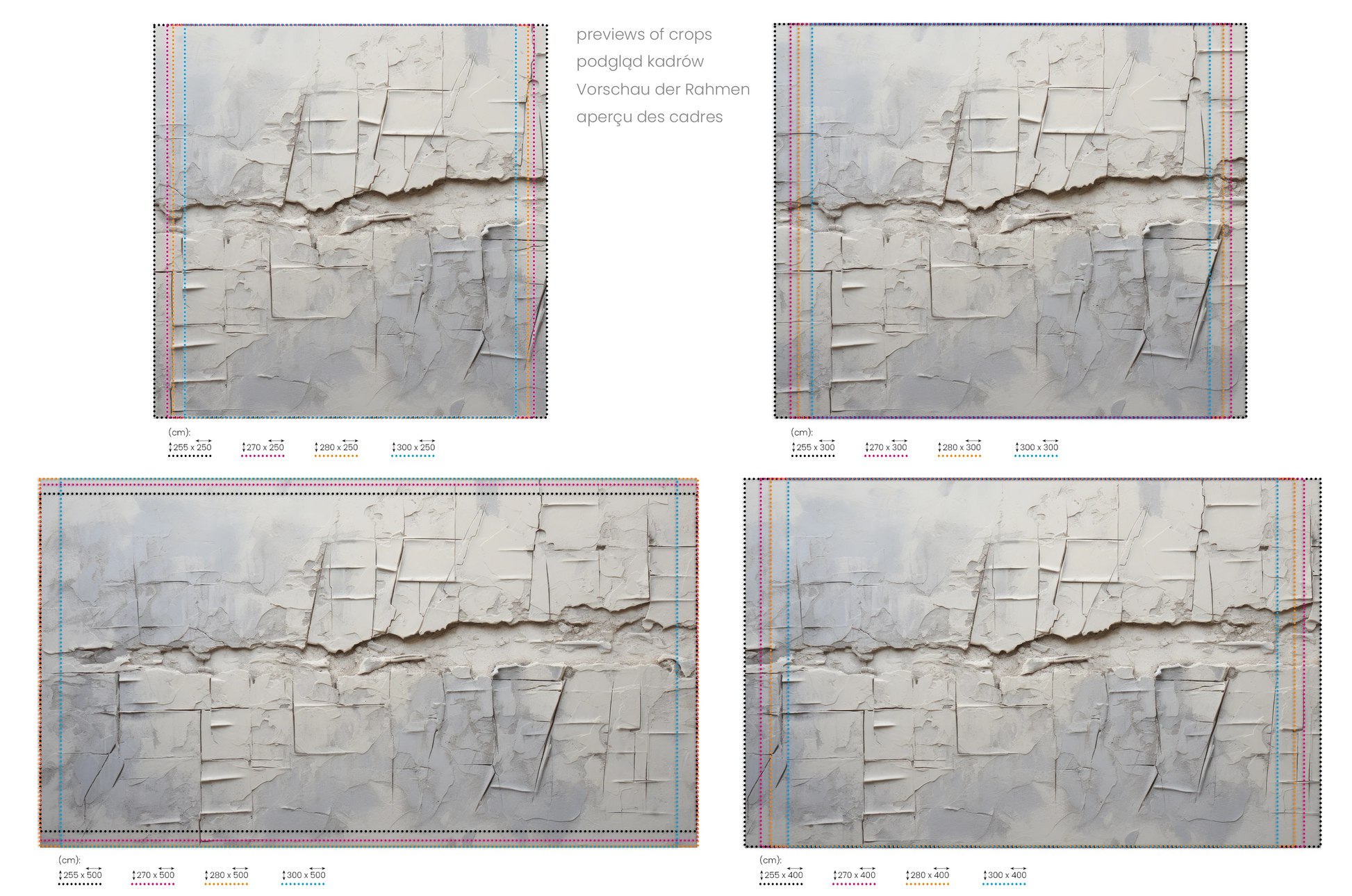 Na obrazie znajduje się prezentacja przykładowych rozmiarów fototapety o nazwie Cracked Canvas. Rozmiar fototapety jest dowolny.