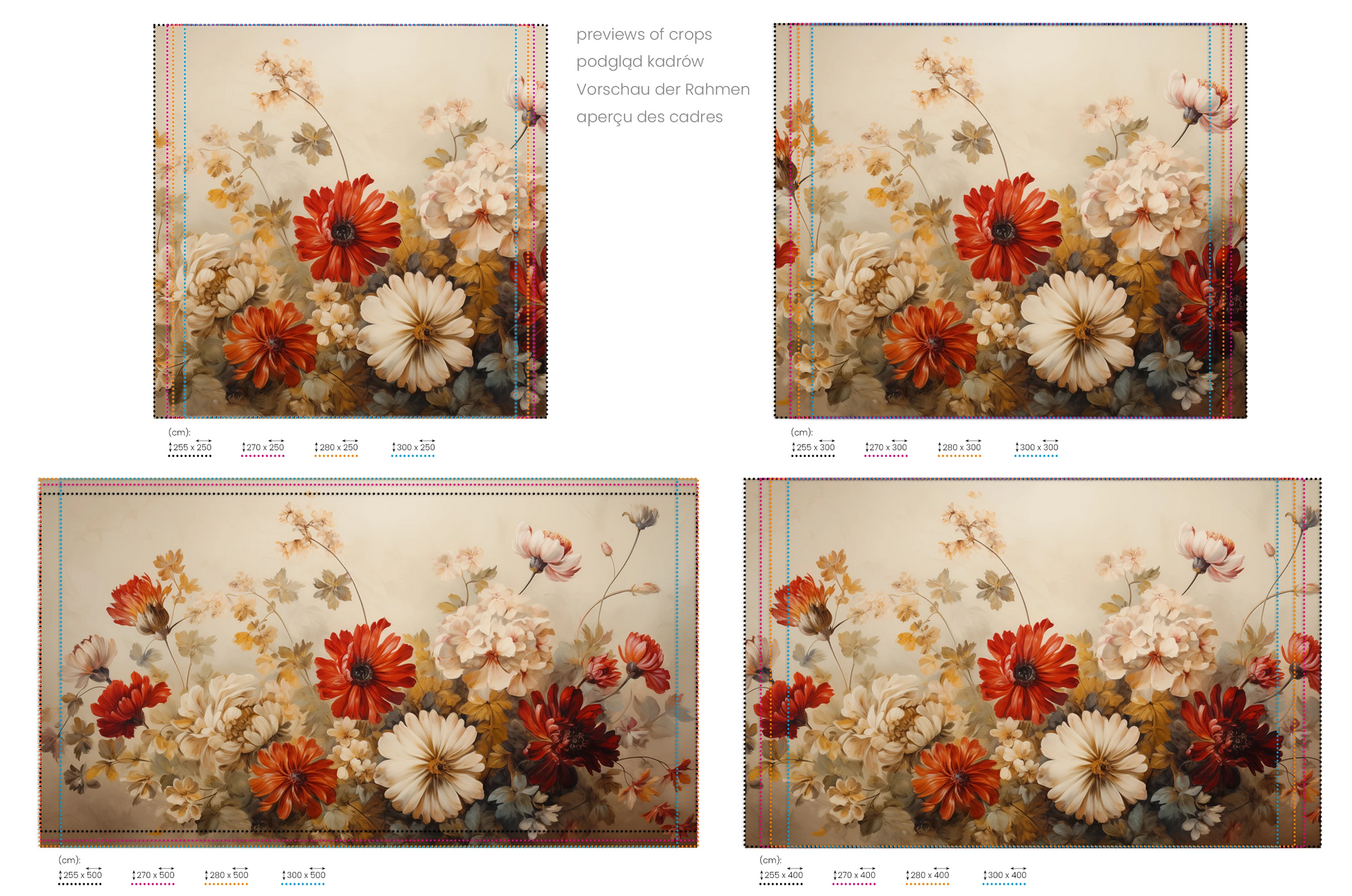 Na obrazie znajduje się prezentacja przykładowych rozmiarów fototapety o nazwie Autumnal Floral Dance. Rozmiar fototapety jest dowolny.