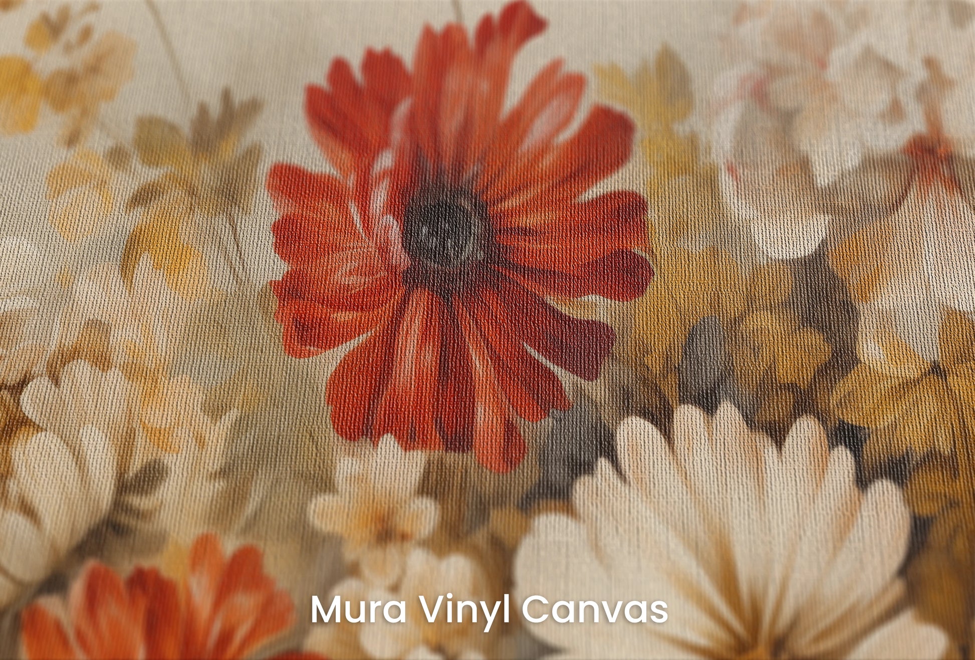 Zbliżenie na artystyczną fototapetę o nazwie Autumnal Floral Dance na podłożu Mura Vinyl Canvas - faktura naturalnego płótna.