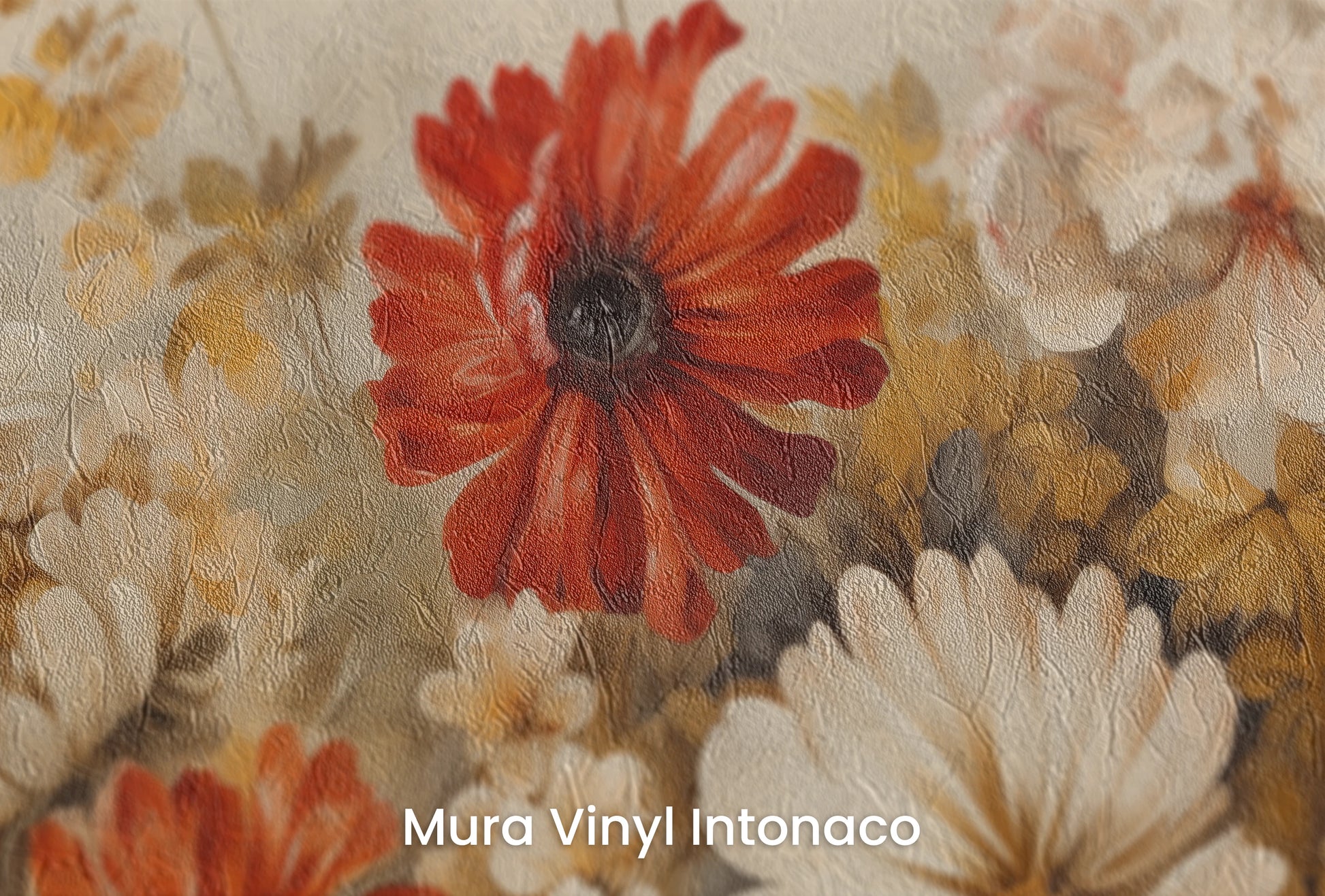 Zbliżenie na artystyczną fototapetę o nazwie Autumnal Floral Dance na podłożu Mura Vinyl Intonaco - struktura tartego tynku.