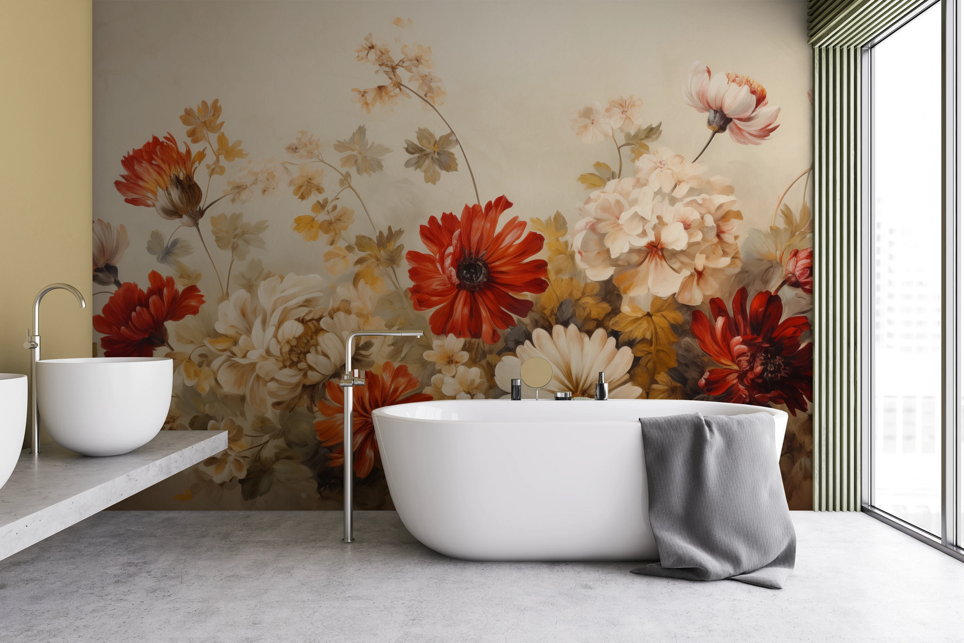 Fototapeta malowana o nazwie Autumnal Floral Dance pokazana w aranżacji wnętrza.