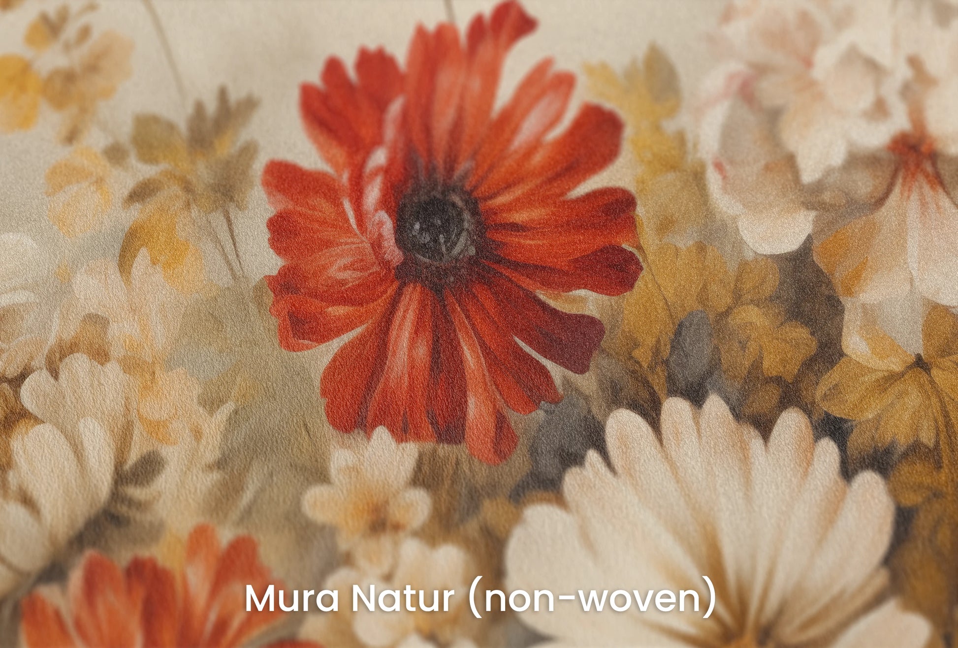 Zbliżenie na artystyczną fototapetę o nazwie Autumnal Floral Dance na podłożu Mura Natur (non-woven) - naturalne i ekologiczne podłoże.