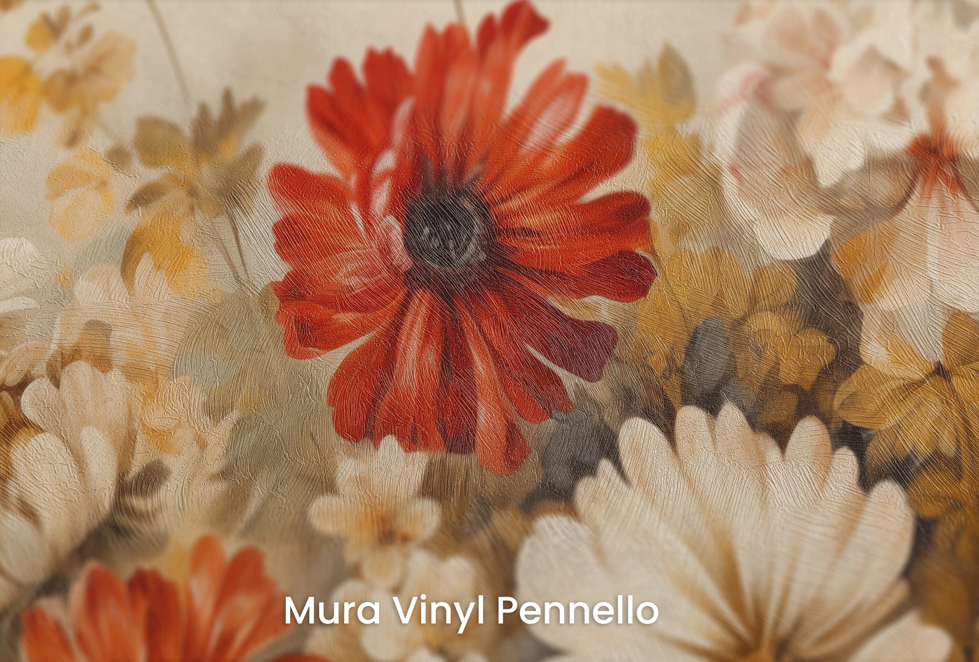Zbliżenie na artystyczną fototapetę o nazwie Autumnal Floral Dance na podłożu Mura Vinyl Pennello - faktura pociągnięć pędzla malarskiego.
