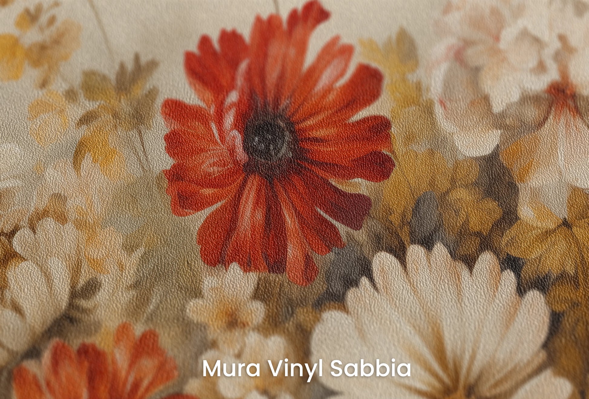 Zbliżenie na artystyczną fototapetę o nazwie Autumnal Floral Dance na podłożu Mura Vinyl Sabbia struktura grubego ziarna piasku.