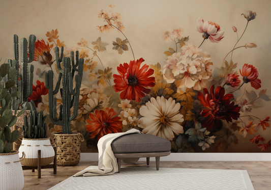 Wzór fototapety artystycznej o nazwie Autumnal Floral Dance pokazanej w aranżacji wnętrza.