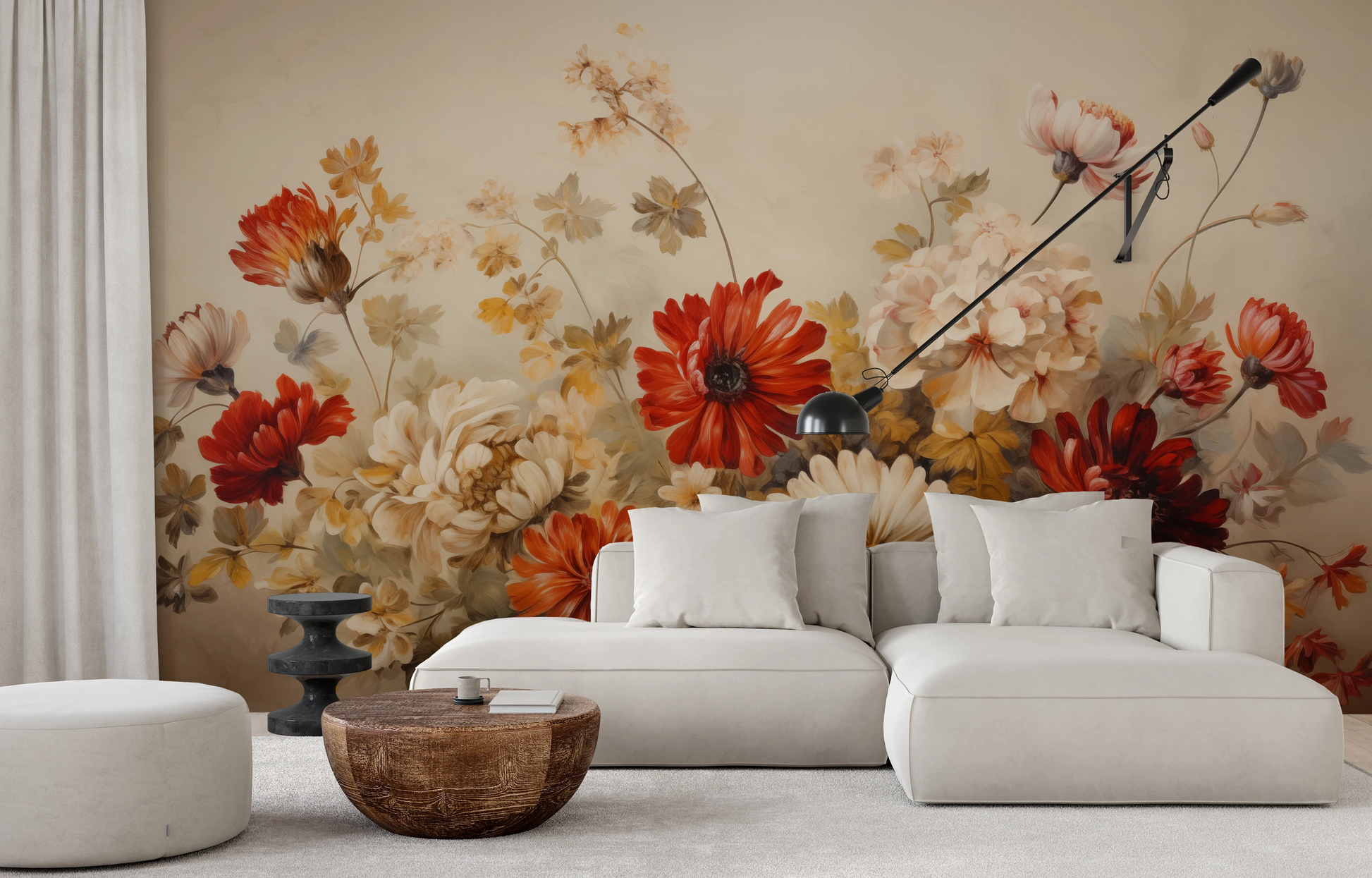 Fototapeta artystyczna o nazwie Autumnal Floral Dance pokazana w aranżacji wnętrza.