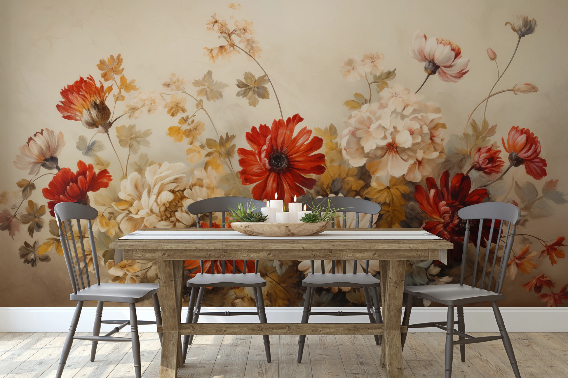 Wzór fototapety o nazwie Autumnal Floral Dance pokazanej w kontekście pomieszczenia.