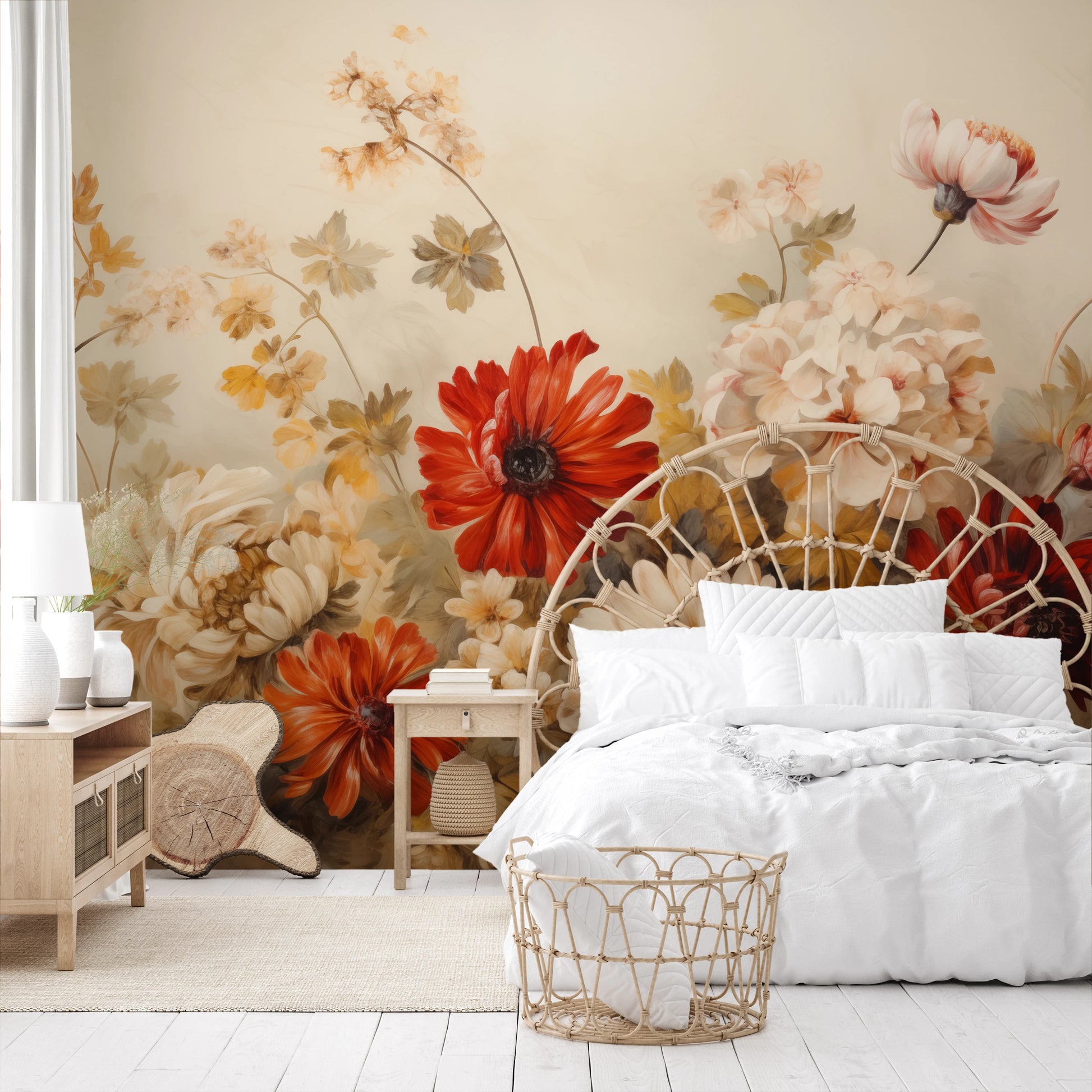 Wzór fototapety malowanej o nazwie Autumnal Floral Dance pokazanej w aranżacji wnętrza.