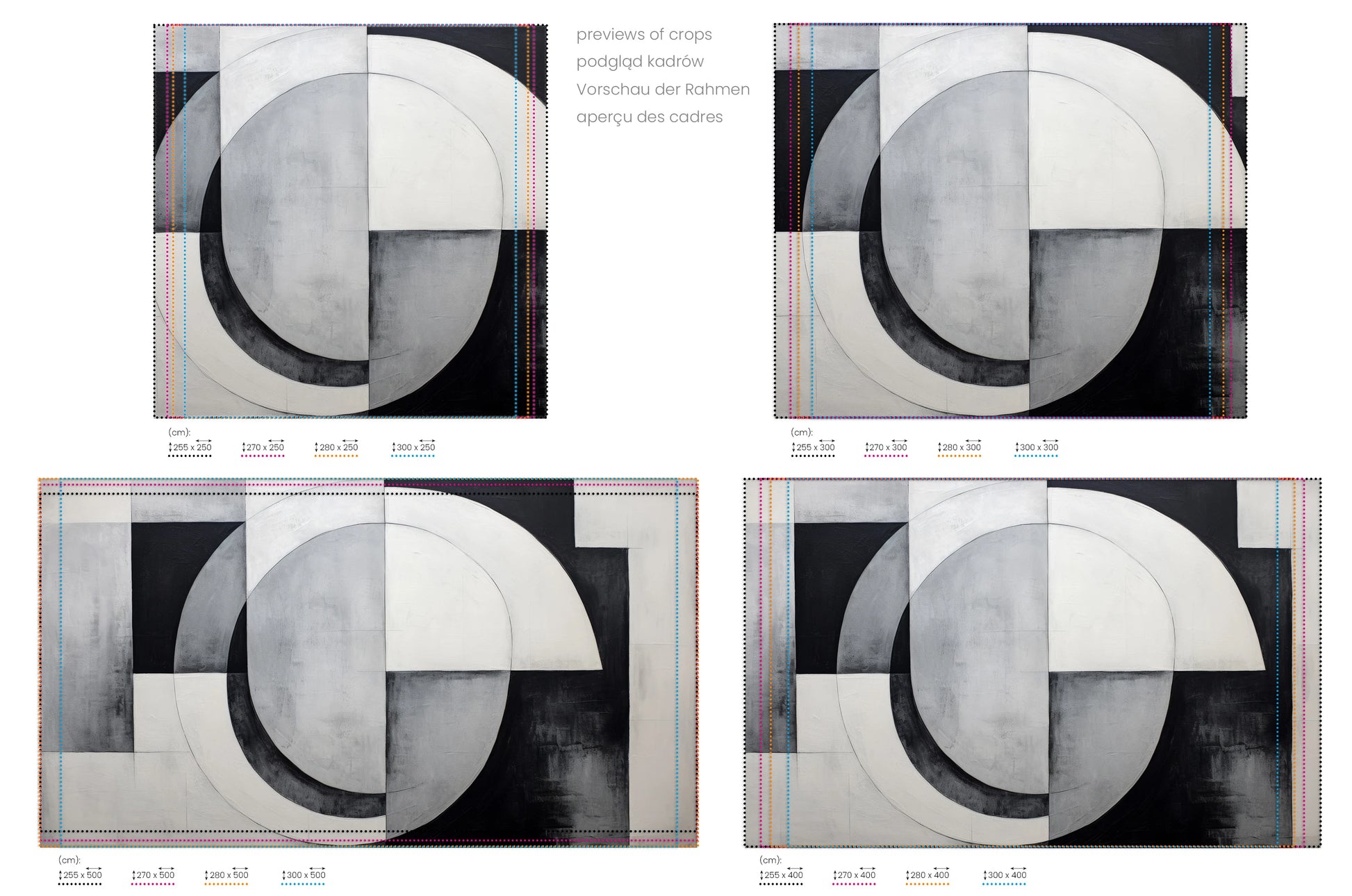 Na obrazie znajduje się prezentacja przykładowych rozmiarów fototapety o nazwie Soft Geometry #2. Rozmiar fototapety jest dowolny.