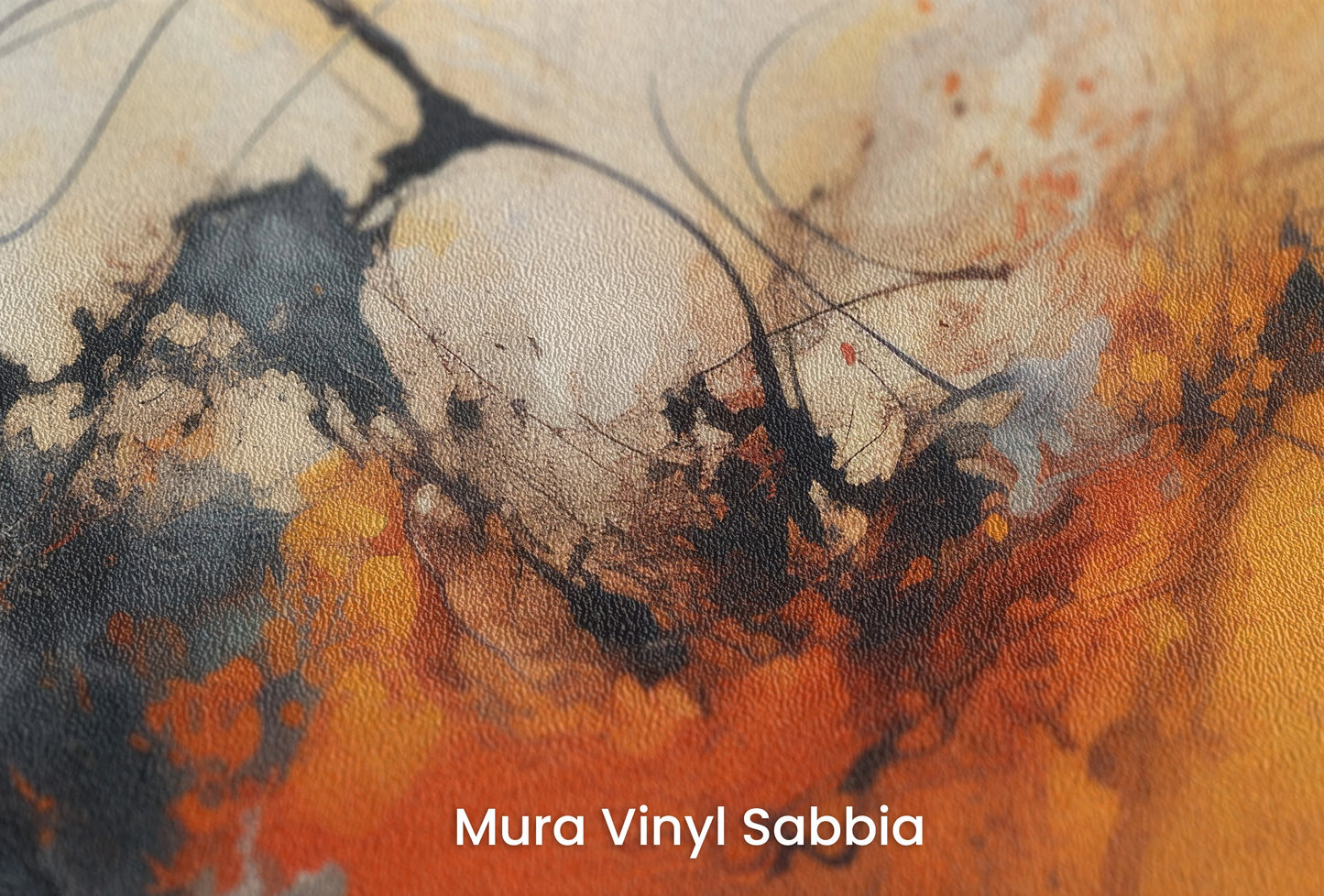 Zbliżenie na artystyczną fototapetę o nazwie Geometric Whisper na podłożu Mura Vinyl Sabbia struktura grubego ziarna piasku.