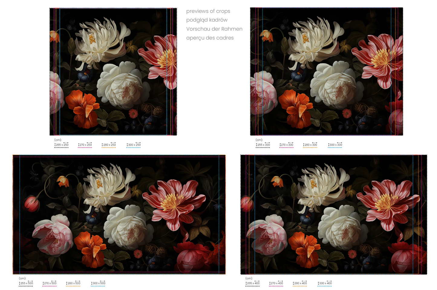 Na obrazie znajduje się prezentacja przykładowych rozmiarów fototapety o nazwie Dutch Floral Masterpiece. Rozmiar fototapety jest dowolny.