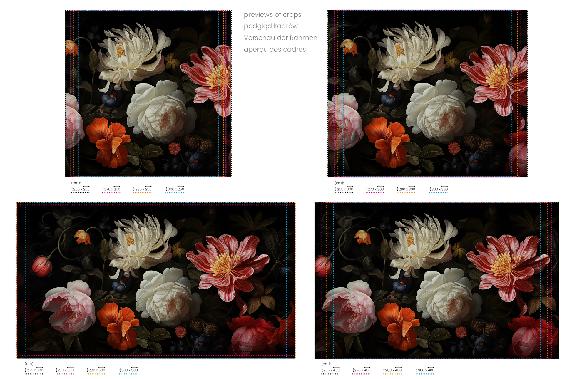 Na obrazie znajduje się prezentacja przykładowych rozmiarów fototapety o nazwie Dutch Floral Masterpiece. Rozmiar fototapety jest dowolny.