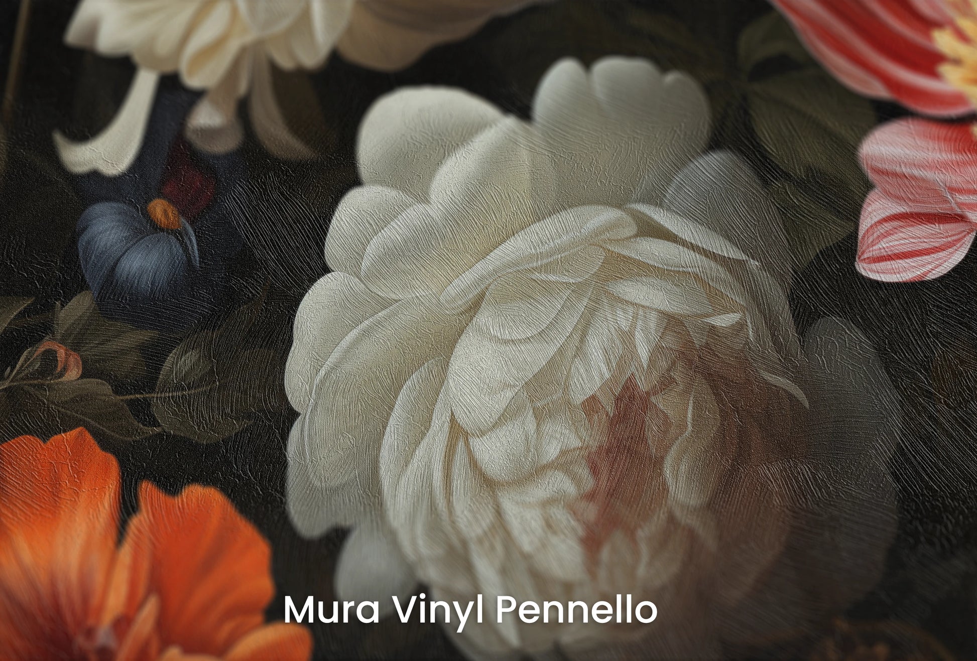 Zbliżenie na artystyczną fototapetę o nazwie Dutch Floral Masterpiece na podłożu Mura Vinyl Pennello - faktura pociągnięć pędzla malarskiego.