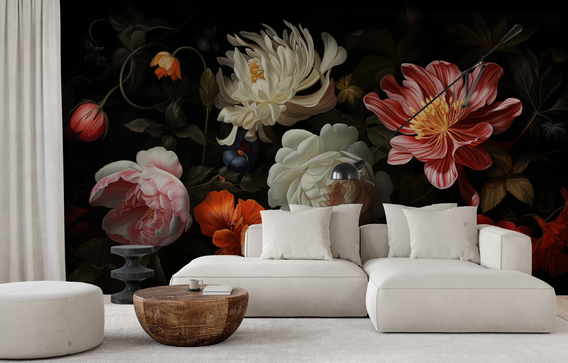 Wzór fototapety malowanej o nazwie Dutch Floral Masterpiece pokazanej w aranżacji wnętrza.