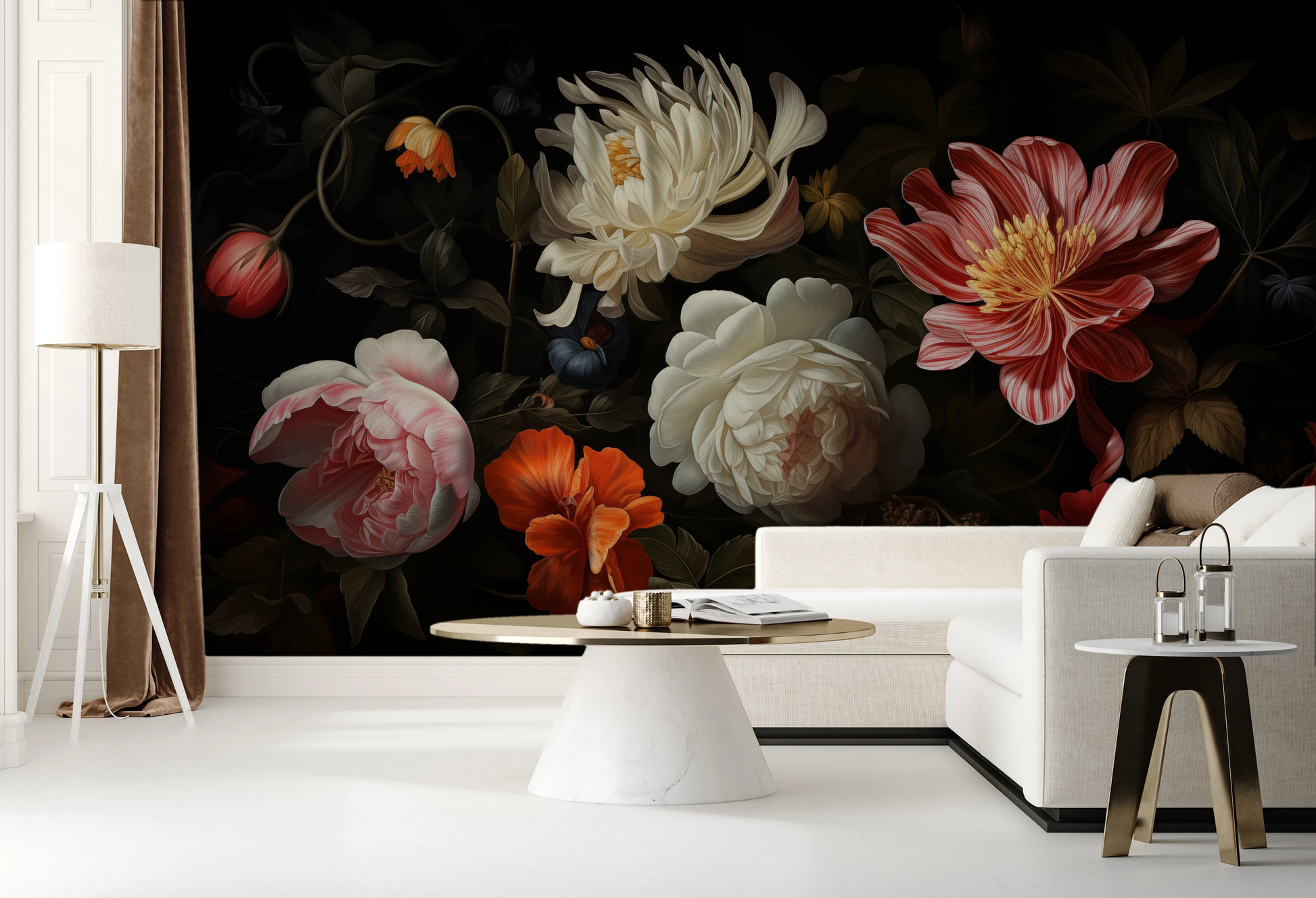 Wzór fototapety artystycznej o nazwie Dutch Floral Masterpiece pokazanej w aranżacji wnętrza.