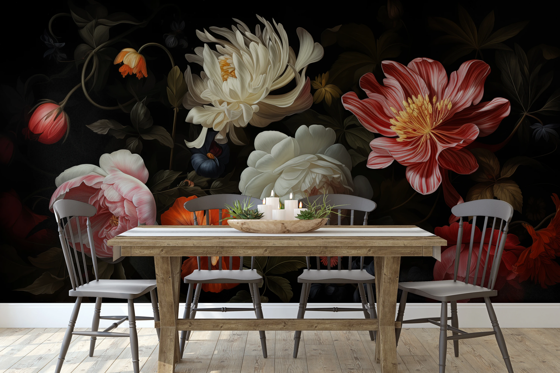 Zdjęcie prezentuje aranżację wnętrza z użyciem fototapety o nazwie Dutch Floral Masterpiece pokazanej w aranżacji wnętrza.