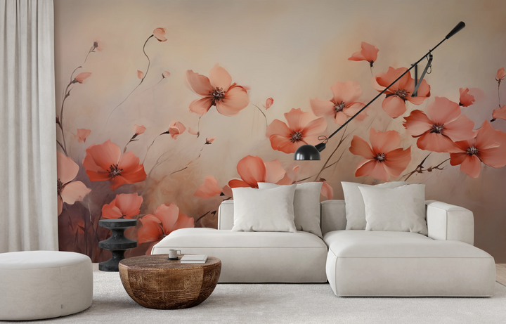 Fototapeta malowana o nazwie Dawn Poppy Field pokazana w aranżacji wnętrza.