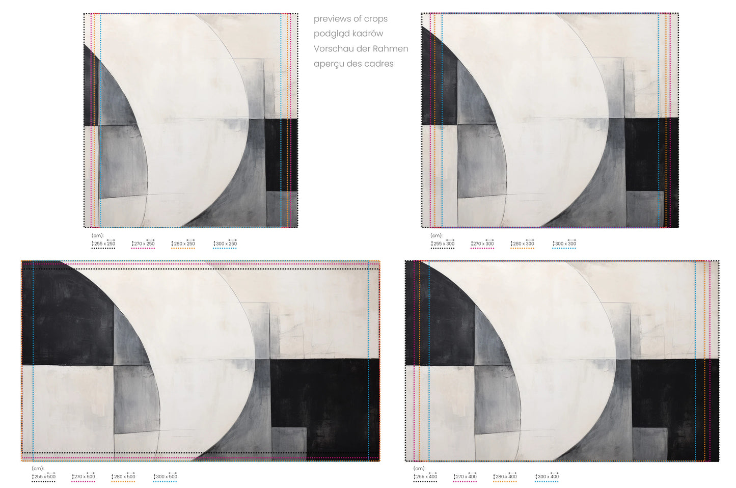 Na obrazie znajduje się prezentacja przykładowych rozmiarów fototapety o nazwie Crescent Contrast. Rozmiar fototapety jest dowolny.
