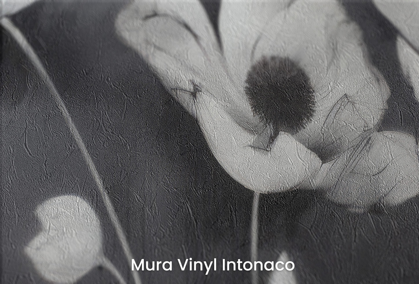 Zbliżenie na artystyczną fototapetę o nazwie SHADOWED FLORA na podłożu Mura Vinyl Intonaco - struktura tartego tynku.
