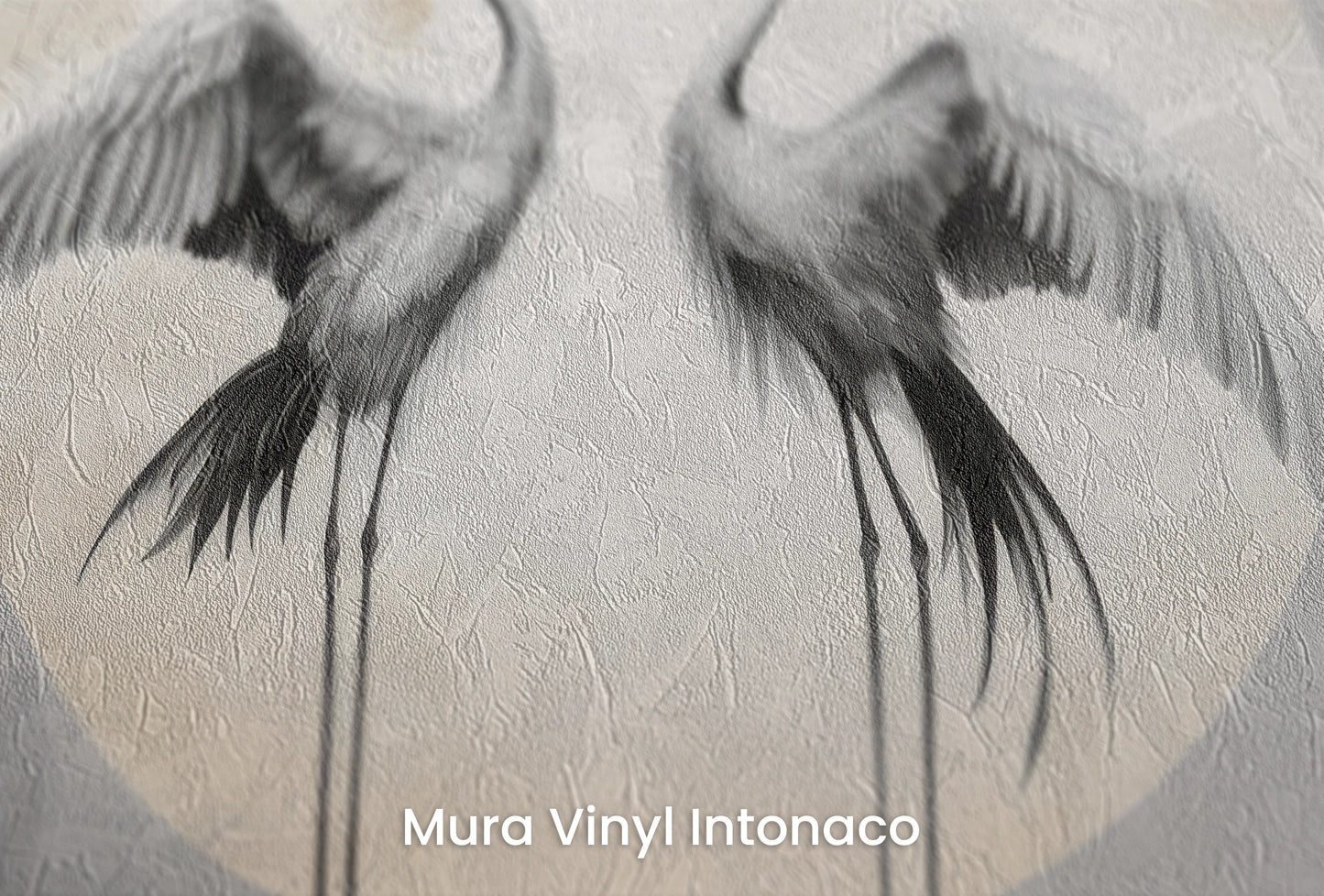 Zbliżenie na artystyczną fototapetę o nazwie Celestial Serenity na podłożu Mura Vinyl Intonaco - struktura tartego tynku.