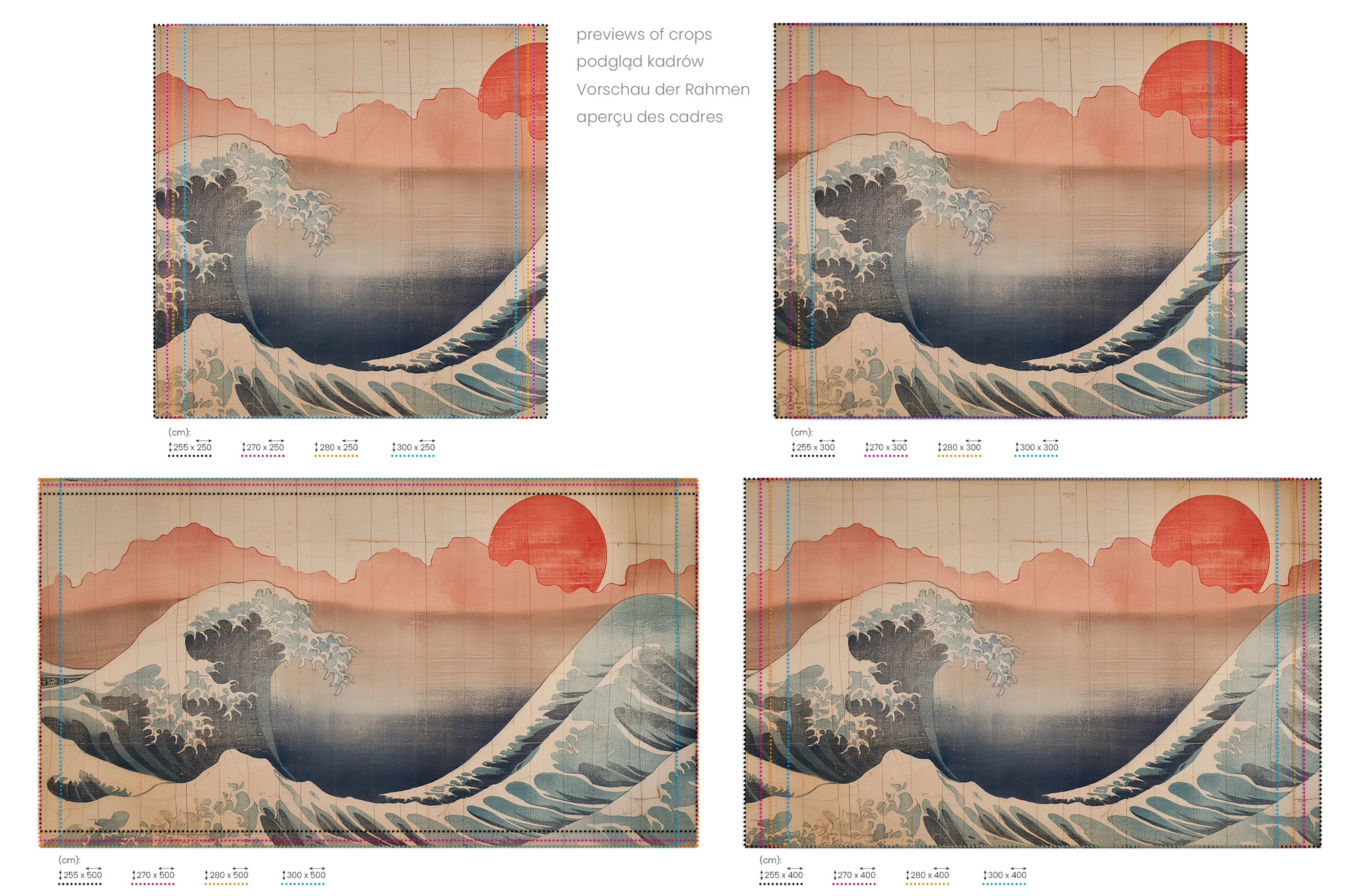 Na obrazie znajduje się prezentacja przykładowych rozmiarów fototapety o nazwie Red Sun Tsunami. Rozmiar fototapety jest dowolny.