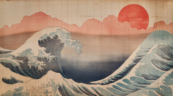 Red Sun Tsunami - a dramatic sea wallpaper inspired by Hokusai's great wave