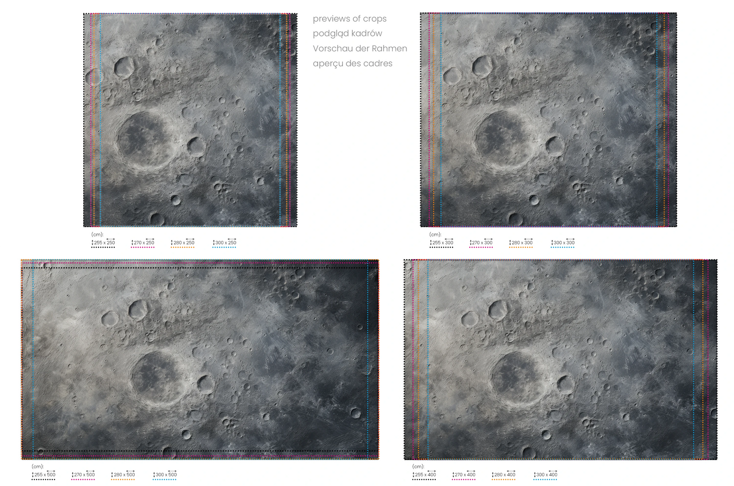 Na obrazie znajduje się prezentacja przykładowych rozmiarów fototapety o nazwie Lunar Silence #2. Rozmiar fototapety jest dowolny.
