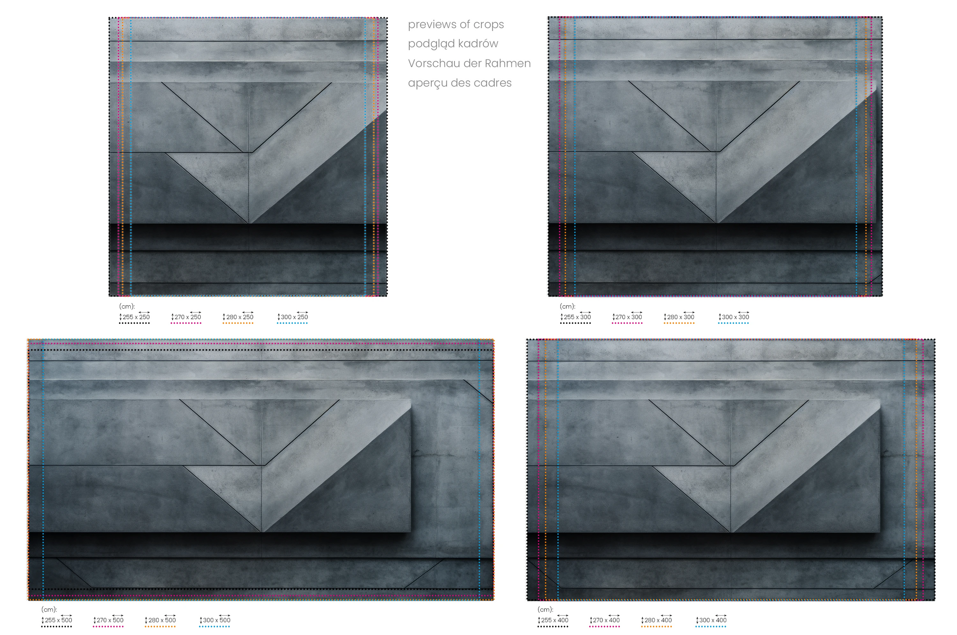 Na obrazie znajduje się prezentacja przykładowych rozmiarów fototapety o nazwie Inverted Pyramid. Rozmiar fototapety jest dowolny.