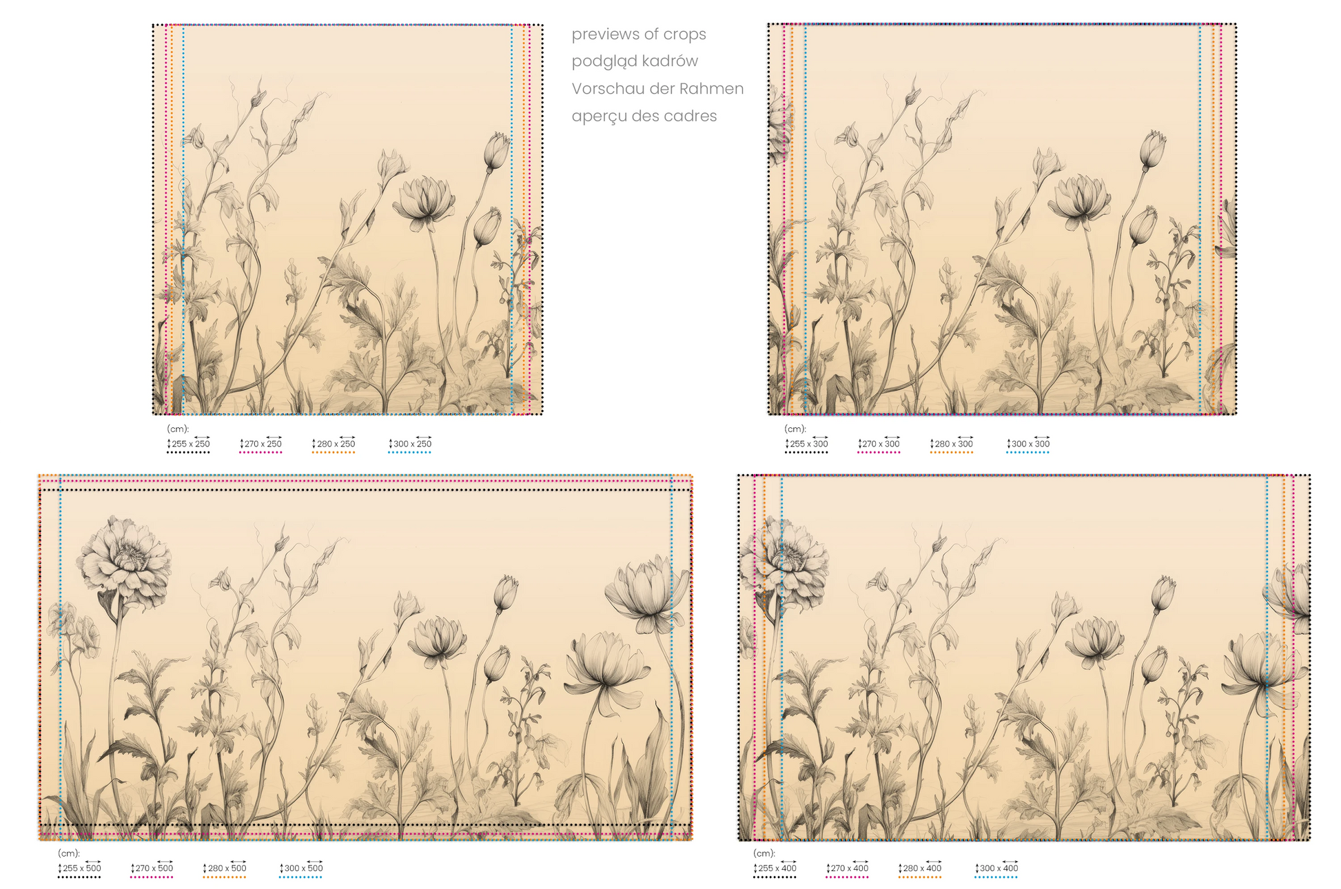 Na obrazie znajduje się prezentacja przykładowych rozmiarów fototapety o nazwie Sunflower Elegance. Rozmiar fototapety jest dowolny.