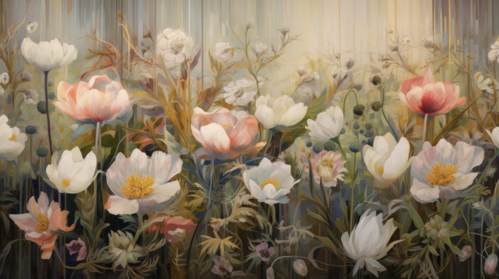 Prezentacja całego wzoru fototapety o nazwie Painterly Petal Dance