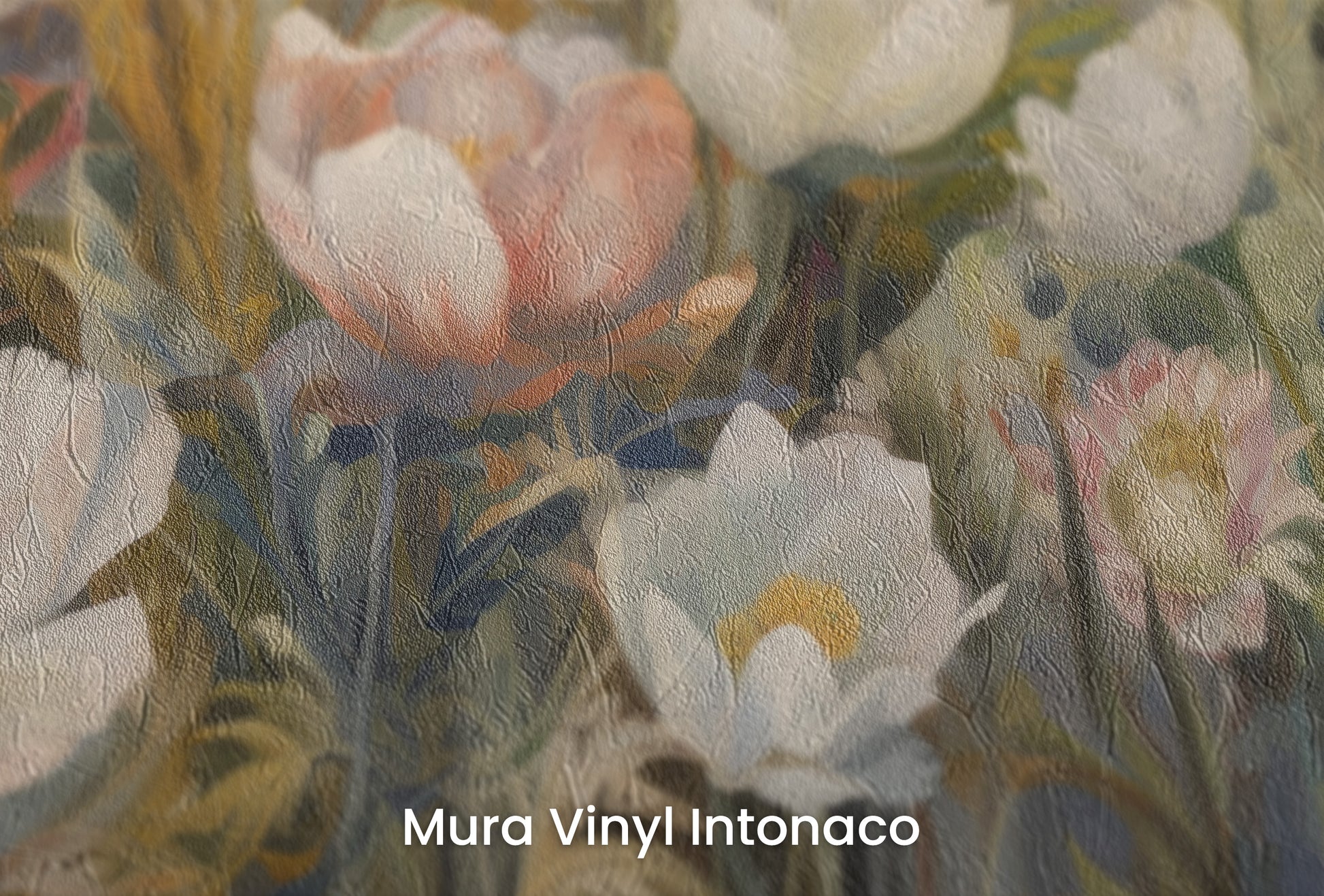 Zbliżenie na artystyczną fototapetę o nazwie Painterly Petal Dance na podłożu Mura Vinyl Intonaco - struktura tartego tynku.