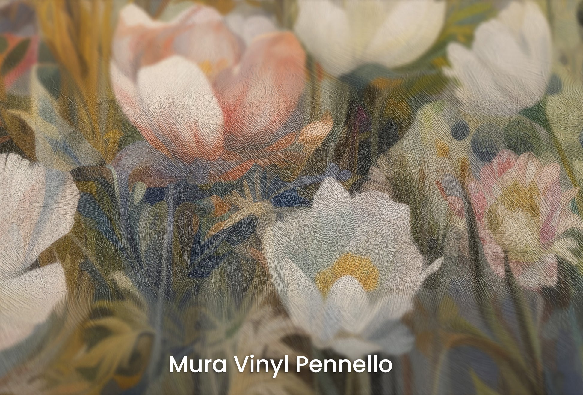 Zbliżenie na artystyczną fototapetę o nazwie Painterly Petal Dance na podłożu Mura Vinyl Pennello - faktura pociągnięć pędzla malarskiego.