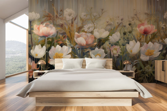 Wzór fototapety artystycznej o nazwie Painterly Petal Dance pokazanej w aranżacji wnętrza.