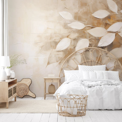 Wzór fototapety artystycznej o nazwie Subtle Leaf Symphony pokazanej w aranżacji wnętrza.