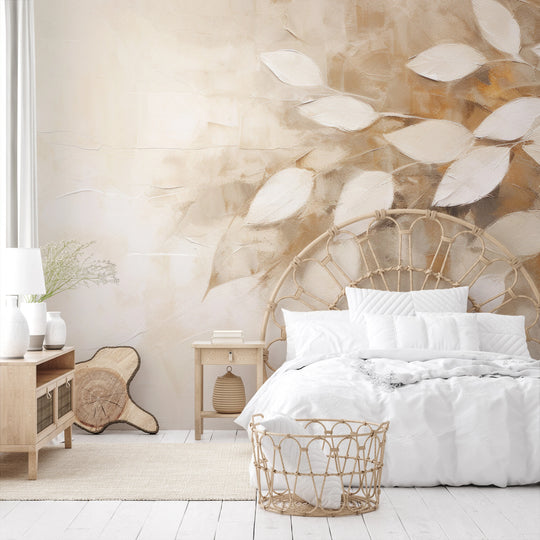 Wzór fototapety artystycznej o nazwie Subtle Leaf Symphony pokazanej w aranżacji wnętrza.