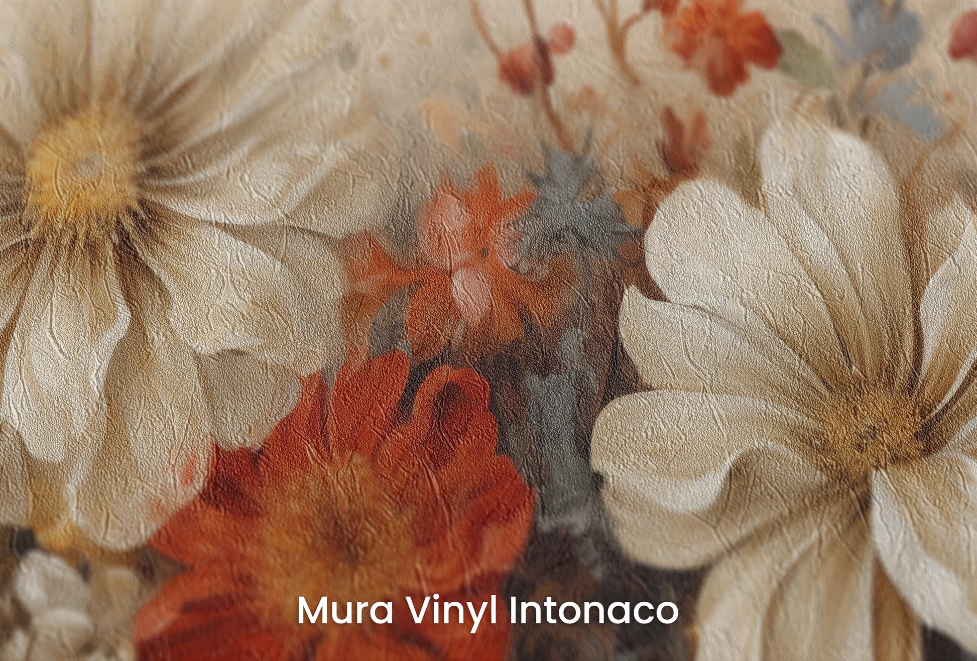 Zbliżenie na artystyczną fototapetę o nazwie Autumn Whisper #2 na podłożu Mura Vinyl Intonaco - struktura tartego tynku.